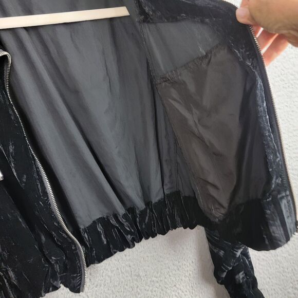 Zara Jacket Womens M Black Crushed Velvet Cropped Silver Zipper Pockets Dolman - Picture 15 of 15